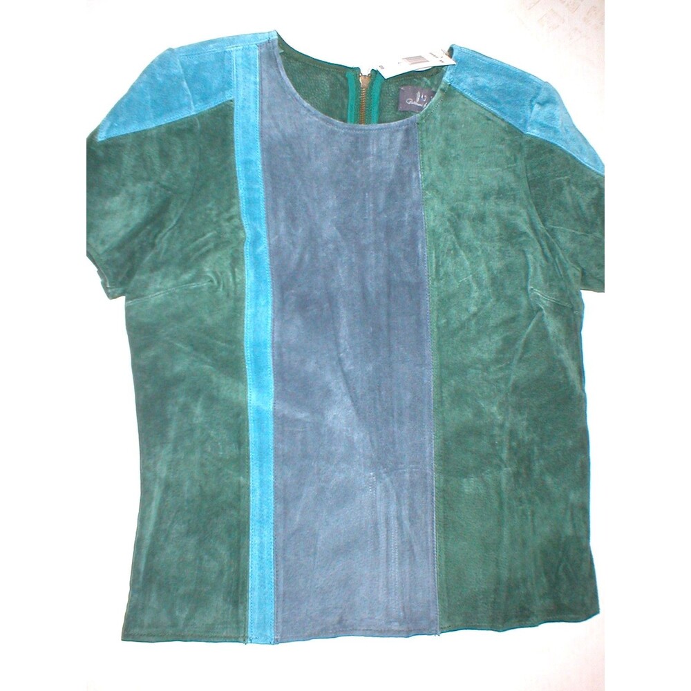 New Womens NWT PJK Leather Suede $398 Top Blouse L Blue Green Gray Color Block